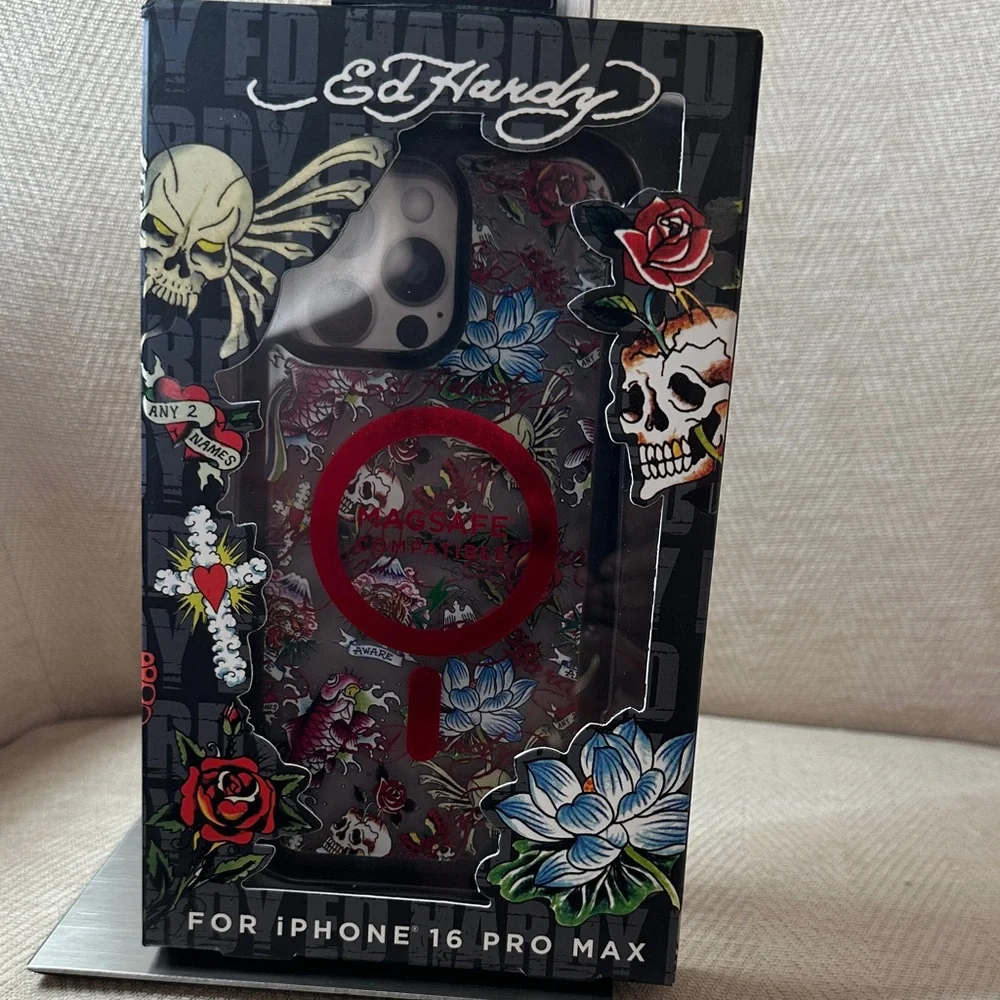 Ed Hardy Skull and Floral iPhone 16 Pro Max Case - Red and Blue
